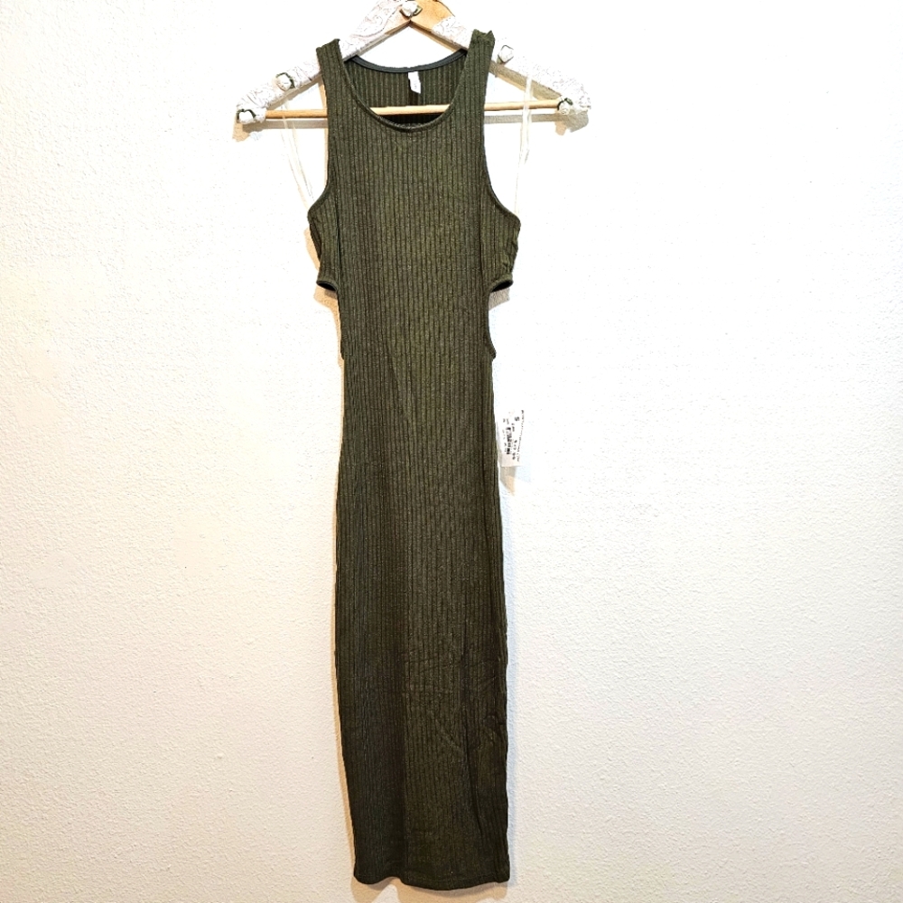 Necessary Clothing Ribbed Olive Midi Bodycon Cut-out Dress Sz Small